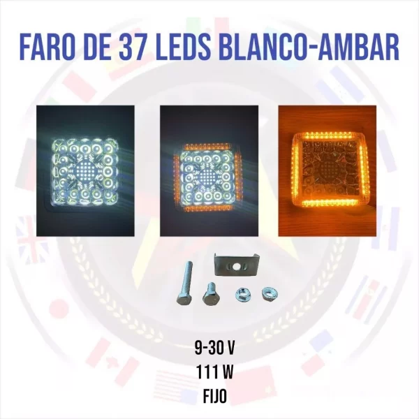 Faro Cuadrado 37 Leds Blanco Y Aro Leds Ámbar Fijo - Image 3