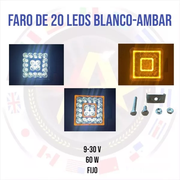 Faro Cuadrado De 20 Leds Blanco Y Aro Ámbar Fijo - Image 3