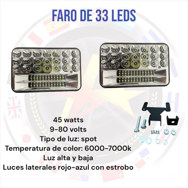 Faro De 45 Leds Blanco Alta Y Baja Con Estrobo Rojo-azul - Image 2