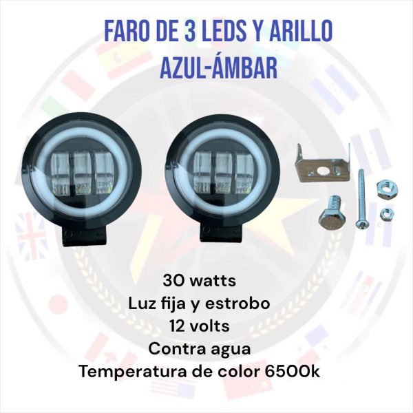 Faro Redondo 3 Leds Blanco Fijo Y Estrobo Arillo Azul - Image 2