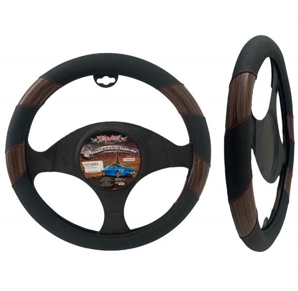 Funda Cubre Volante Negra Con Detalles Tipo Madera 38 Cm