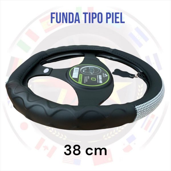 Funda Para Volante Tipo Piel Negra Con Diamantes Blanco 38cm - Image 2