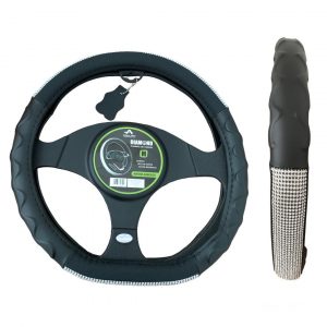Funda Para Volante Tipo Piel Negra Con Diamantes Blanco 38cm