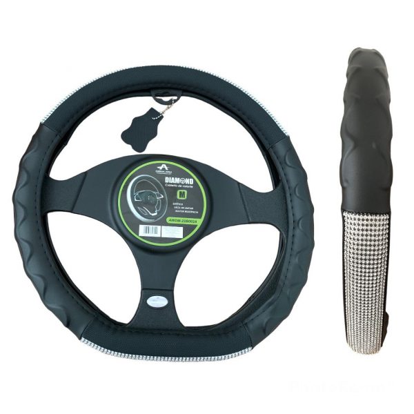 Funda Para Volante Tipo Piel Negra Con Diamantes Blanco 38cm